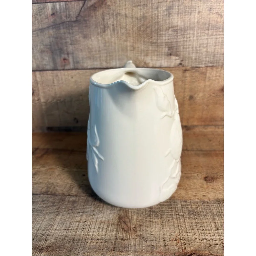 Peppertree Tabletops Pitcher Ivory Ceramic Pottery Embossed Fruit Design 6-3/4